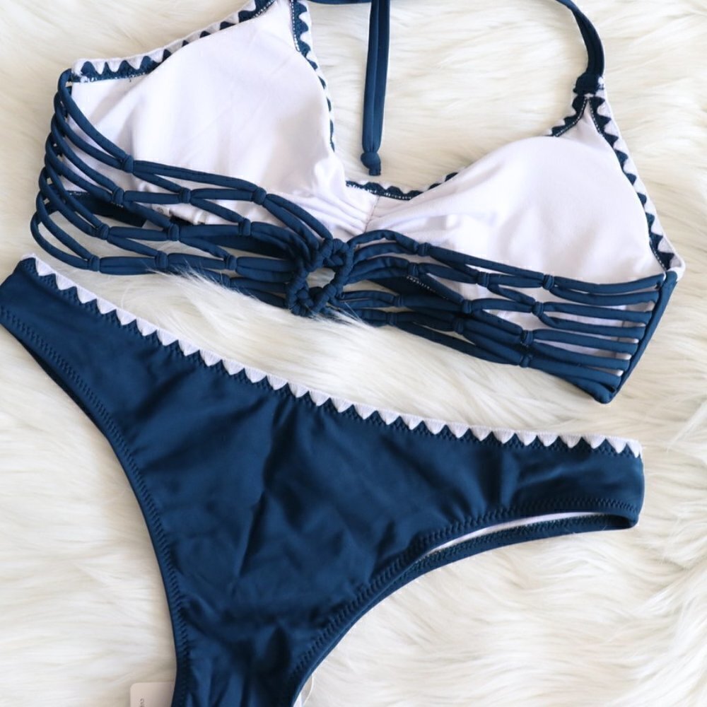 NEW Navy Blue Crochet Trim Halter Bikini Set Size Large - Picture 7 of 9